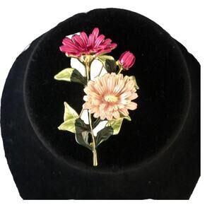 Vintage Intricate Floral Pink Green And Gold Brooch